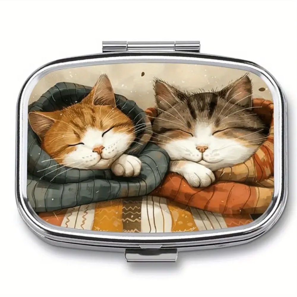 NEW| Cute Whimsical Cozy Cat Pattern Portable Pill Box Case Trinket Organizer - Picture 1 of 13